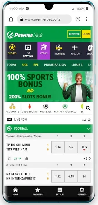 Capture de l'interface Premier Bet : coupon de pari football et cotes en direct